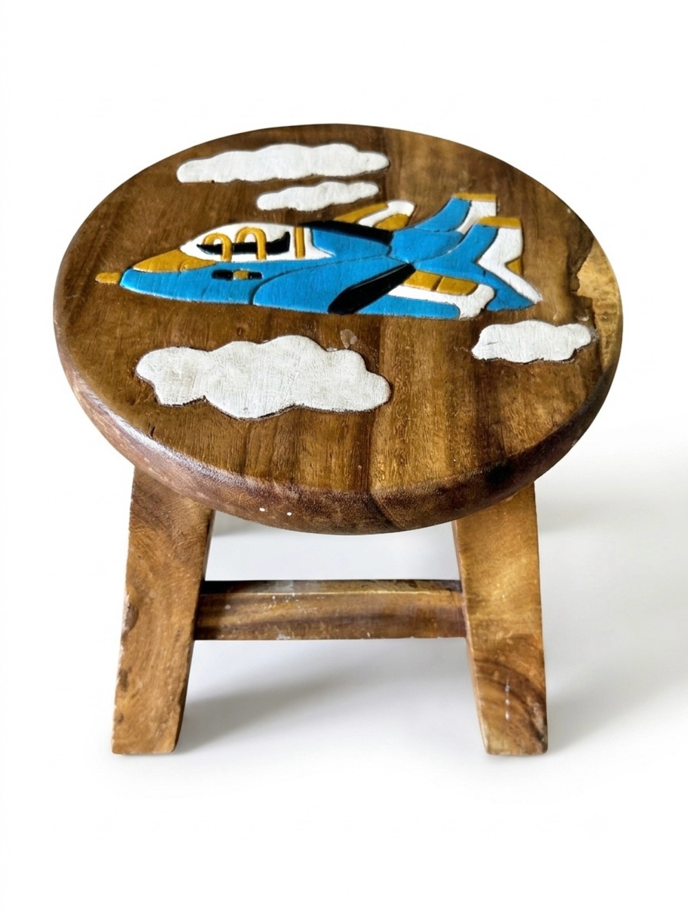 Wooden Kids Stool Chair Airplane Clouds